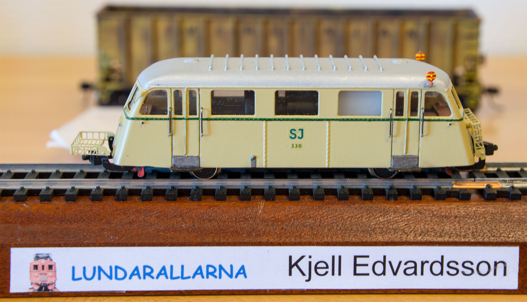 Model af Hilding-Carlsson rällsbuss, som er forgænger til Skandia-skinnebusser
